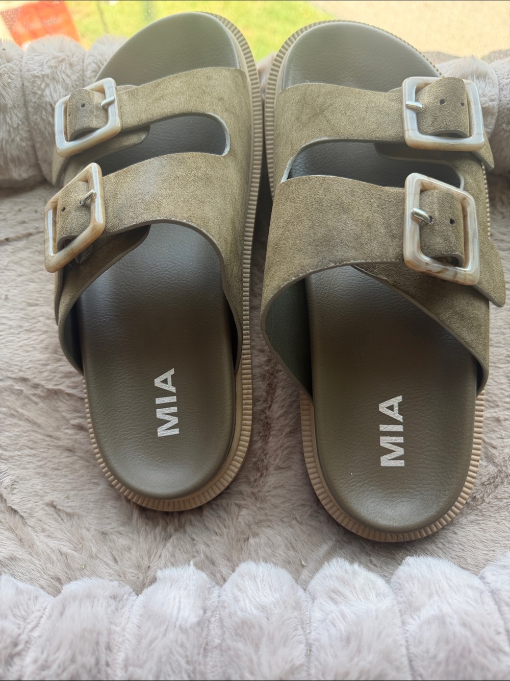 MIA Olive Green Double-Buckle Slide Sandals for Women